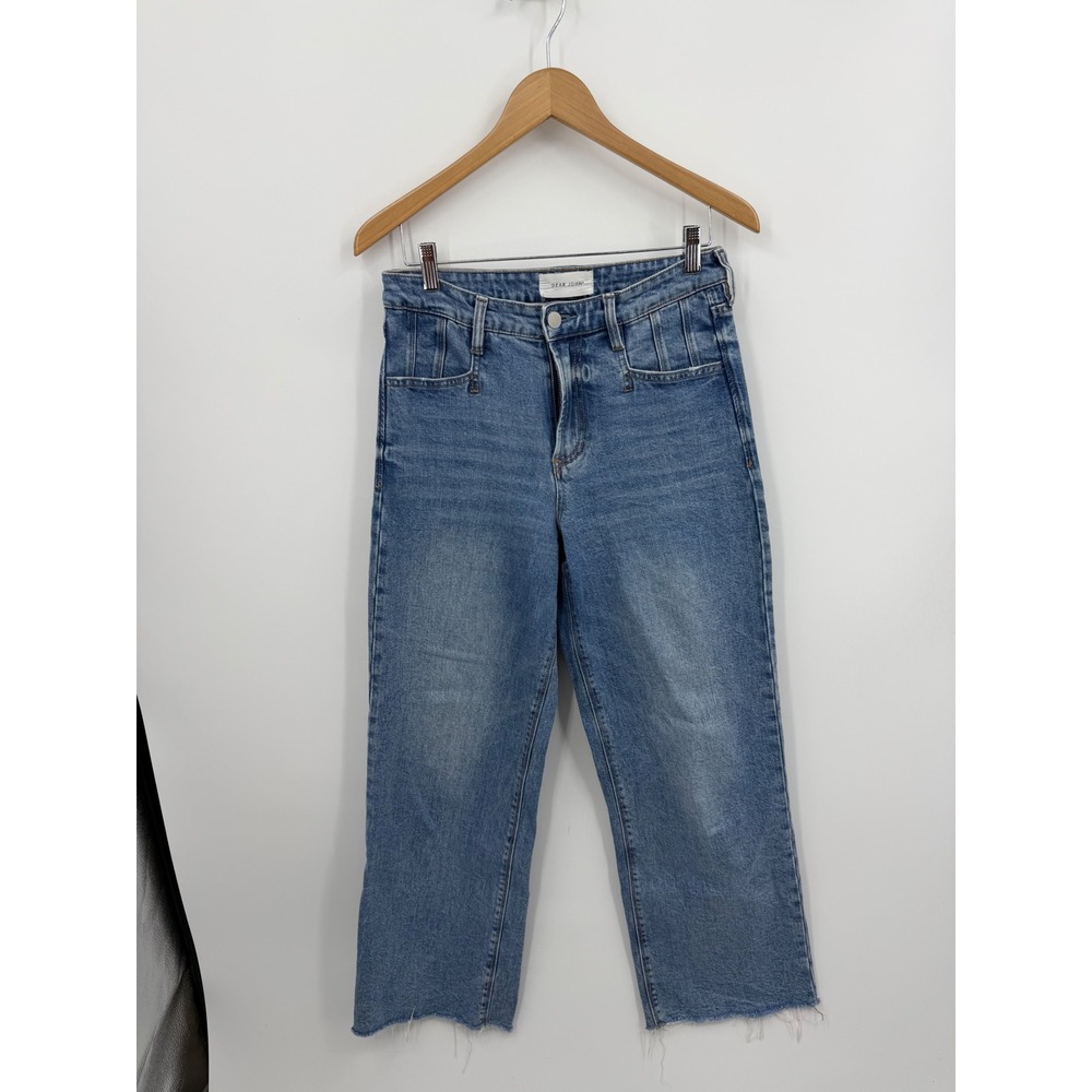 Dear John Crescent Straight Leg Jeans Womens 27 Blue Pleated Front Raw Hem